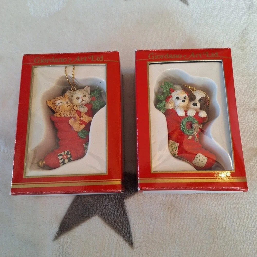 Giordano Art For Kurt Adler 2 Vintage Christmas Ornaments With Cats & Dogs